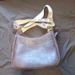 Brown Leather Crossbody  Bag with Floral Strap
